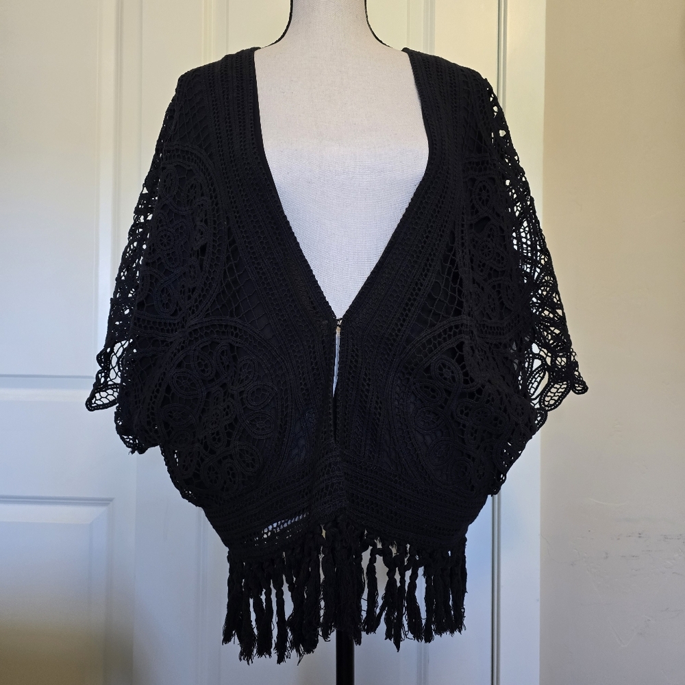 Greylin Anthropolgie Black Crochet Fringe Cardigan Whimsigoth Boho Witchy Small